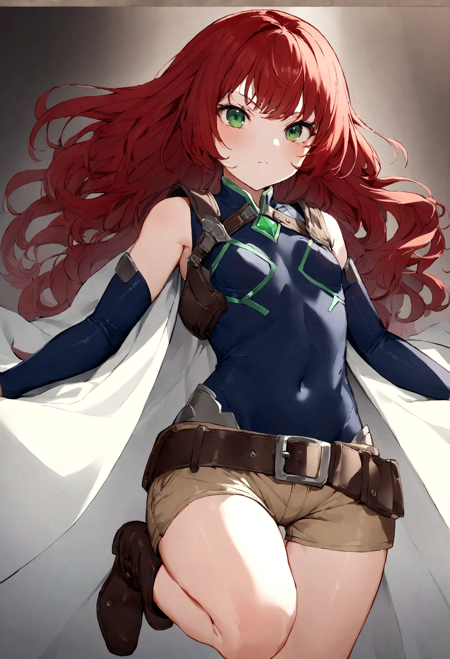 Young 16 year old heroine with long wavy red hair. She has big green eyes and a serious and charismatic demeanor. She wears a short dark blue bodysuit, she has no sleeves and her navel is visible. She wears brown shorts as well as brown boots and short gloves. A long open white skirt hangs behind her shorts with a belt and it has lots of pockets. White nunshaku hang from her thighs in sheaths. She produces balls of bluish energy with her hands because she has shielding power.