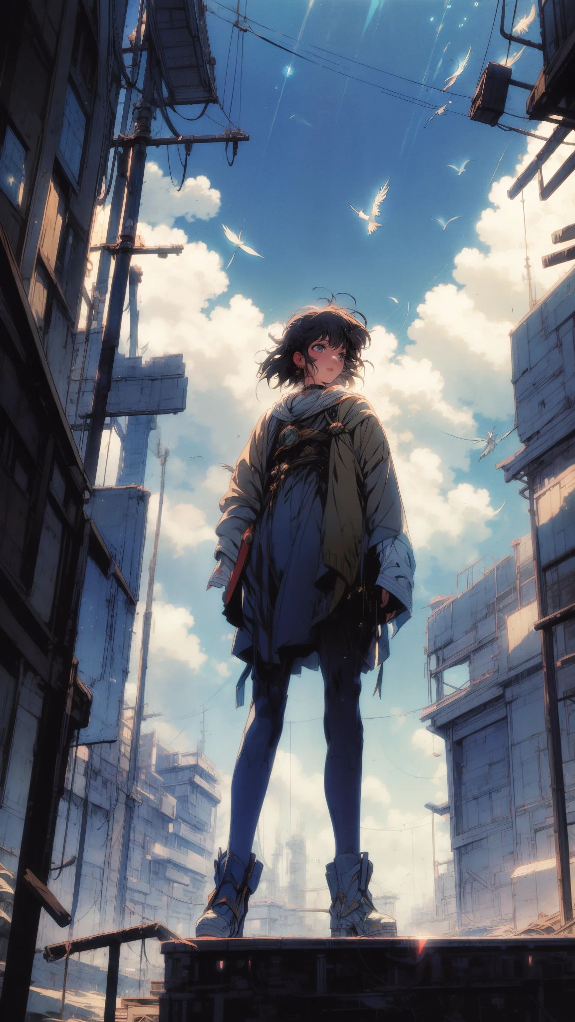 A lone ager stands at the edge of a floating city built of celestial metal. Towering structures shimmer in the sunlight, casting intricate shadows. Ethereal doves with glowing feathers soar gracefully through the air, adding to the otherworldly beauty of the scene, style art incorporating elements of Makoto Shinkai, Studio Ghibli, Genshin Impact, James Gilleard, Greg Rutkowski, Chiho Aoshima, golden ratio composition, enhanced with pixiv Fanbox trends, acrylic palette knife textures, golden ratio, trending.