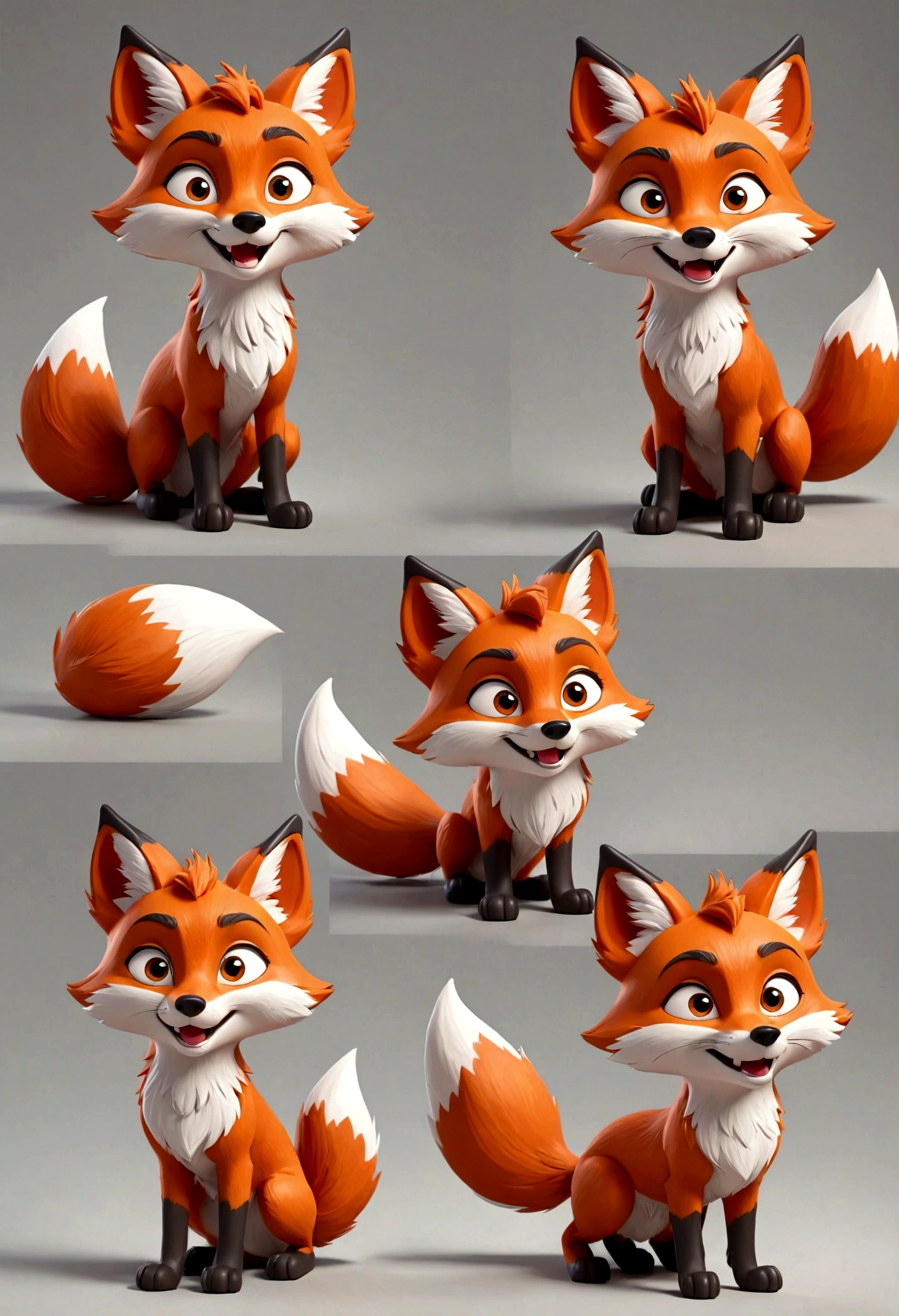 gray boy cartoon fox character, fox, multiple poses and expressions, 4 poses, full body, simple, cute, artist, full color, 3d model, light and shadow, flat color, white background,many fashion styles