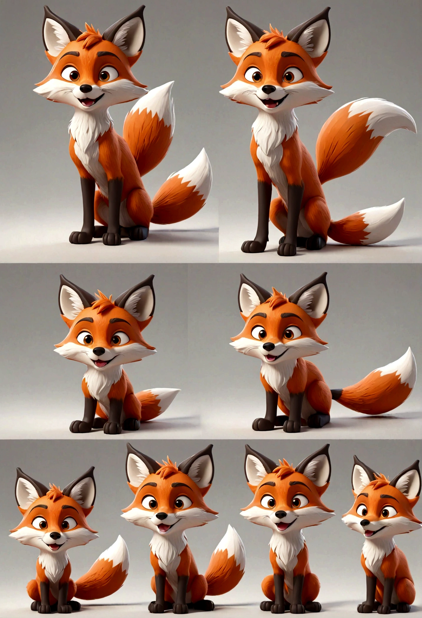 gray boy cartoon fox character, fox, multiple poses and expressions, 4 poses, full body, simple, cute, artist, full color, 3d model, light and shadow, flat color, white background,many fashion styles