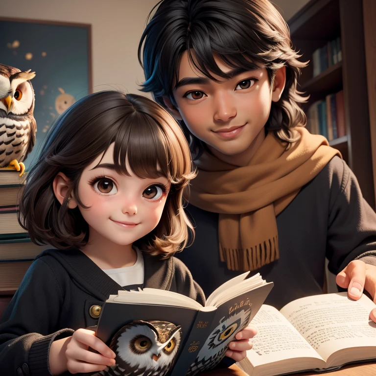 (Highest quality, masterpiece: 1,1), (owl, black eyes, bright smile), brown skin, short-haired boy with cute long-haired girl reading magic book, detail, 8K