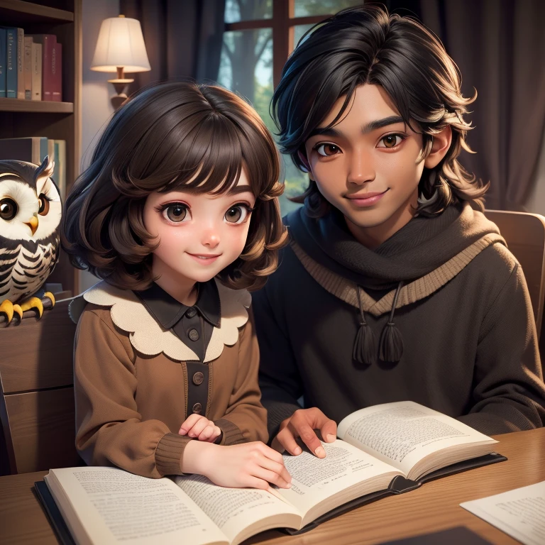 (Highest quality, masterpiece: 1,1), (owl, black eyes, bright smile), brown skin, short-haired boy with cute long-haired girl reading magic book, detail, 8K