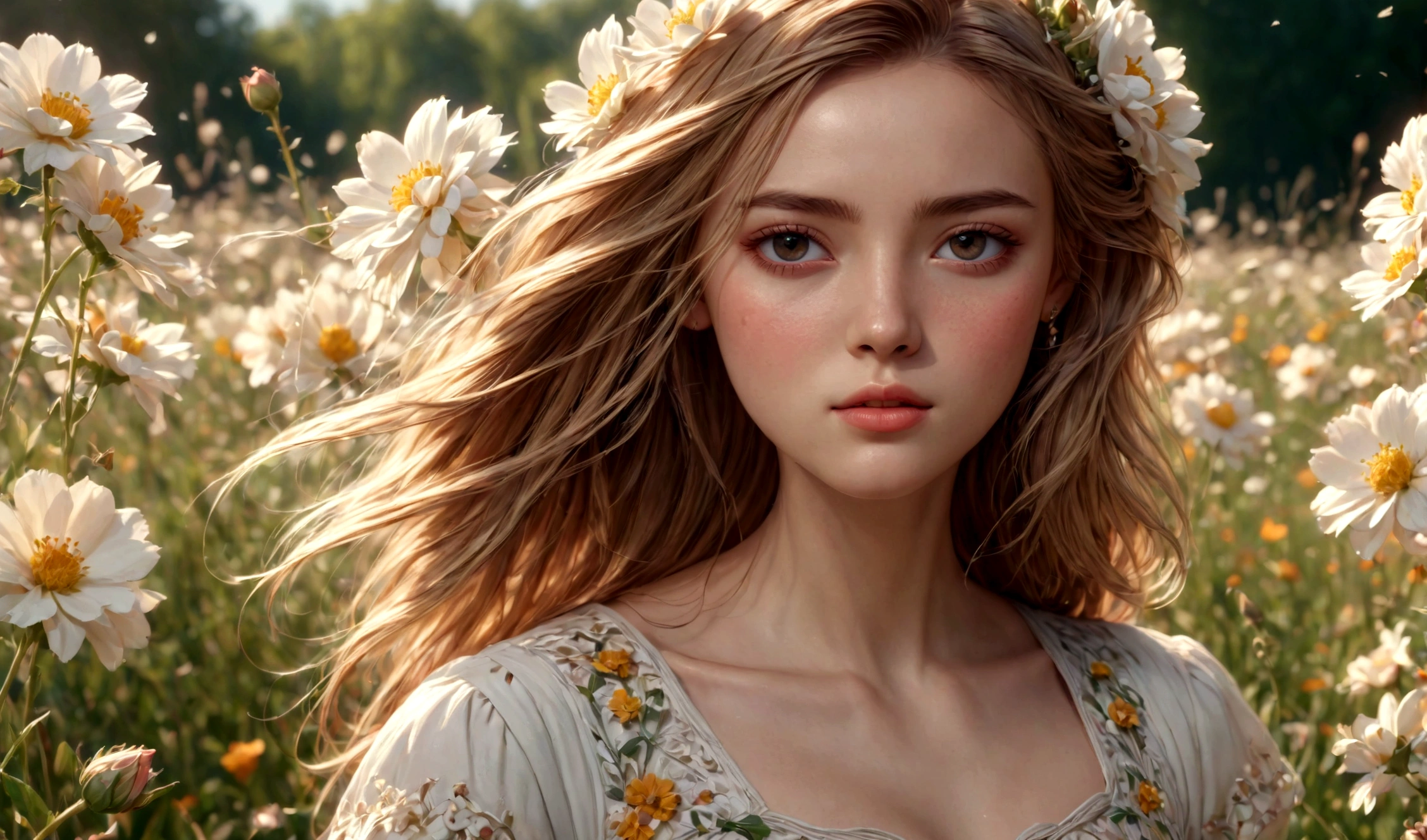 1girl in a field of beautiful flowers, summer sunlight, playful, detailed facial features, intricate dress, dynamic pose, (best quality,4k,8k,highres,masterpiece:1.2),ultra-detailed,(realistic,photorealistic,photo-realistic:1.37),detailed skin texture, warm color palette, soft lighting, natural environment, vibrant colors, delicate petals, serene atmosphere