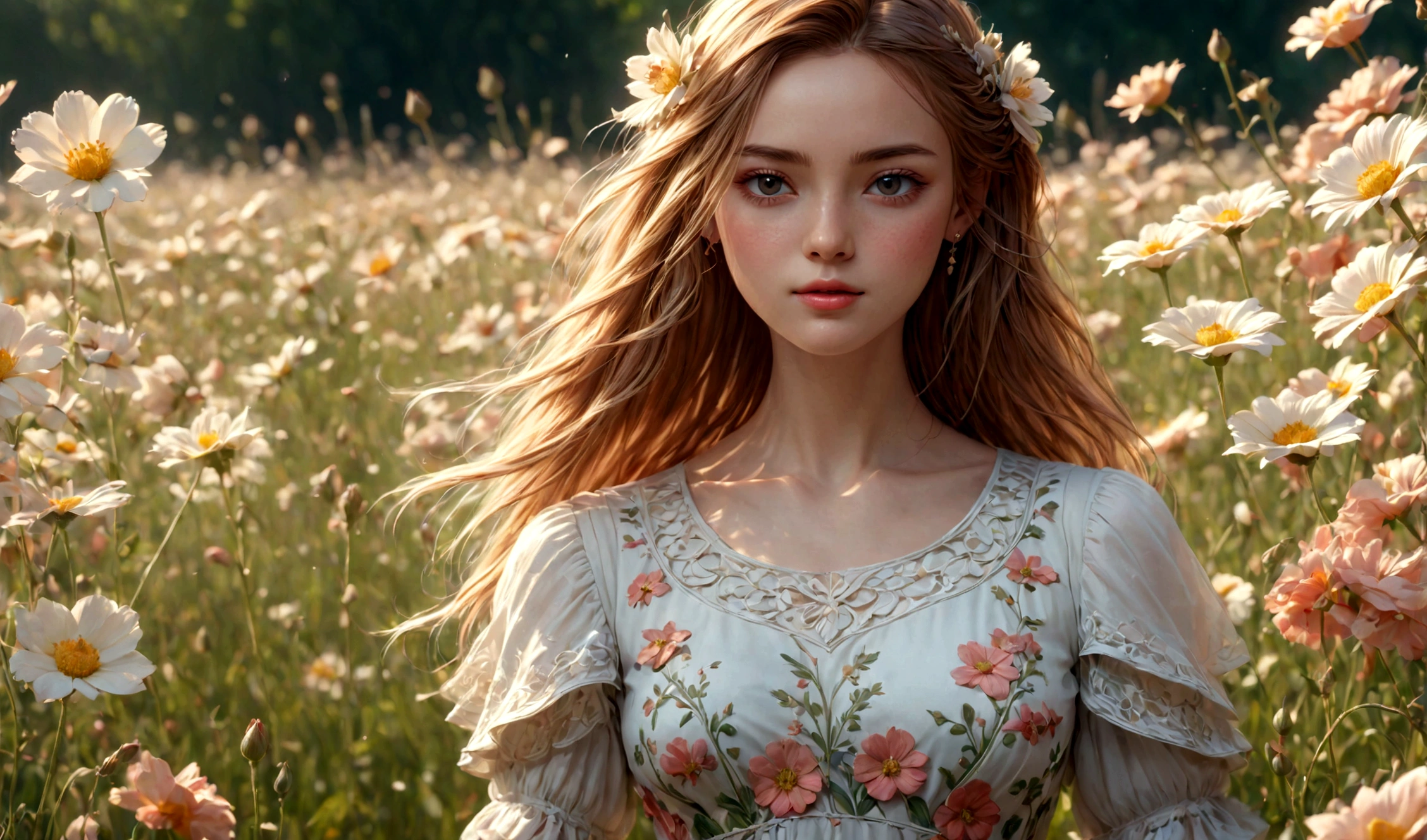 1girl in a field of beautiful flowers, summer sunlight, playful, detailed facial features, intricate dress, dynamic pose, (best quality,4k,8k,highres,masterpiece:1.2),ultra-detailed,(realistic,photorealistic,photo-realistic:1.37),detailed skin texture, warm color palette, soft lighting, natural environment, vibrant colors, delicate petals, serene atmosphere