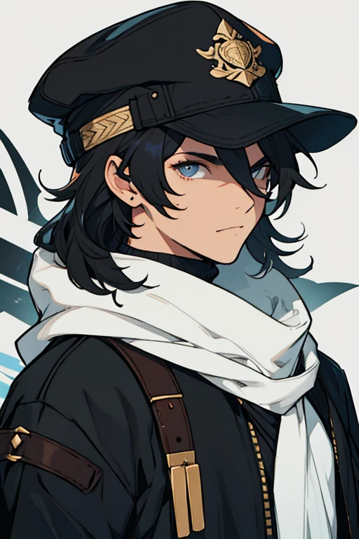 Hombre, cabello corto blanco, gorra negra, ojos amarillos, black sweater, villano