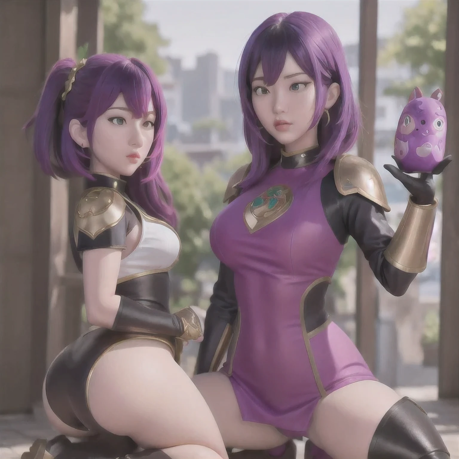 araffe with purple hair and black gloves posing in a blue outfit, anime girl cosplay, thicc, the anime girl is crouching, misato katsuragi, anime cosplay, cosplay, mayuri shiina, seductive anime girl, tifa, cosplay photo, beautiful anime girl squatting, closeup shot, ayaka cosplay, full-cosplay, purple body,Girl in linen dress poses for photo, Attractive anime girl, Image Quality，Photo anime, OPPO masterpiece, 3D animation realistic, 4K, Artwork in the style of Guweiz, Tick, Oppei Cyberpunk, , Popular on cgstation, surreal anime，there is a 18 years old in a purple dress holding a dragon, wlop and ross tran, ross tran 8 k, fantasy art style, chengwei pan on artstation, a beautiful fantasy empress, ross tran and wlop, ruan jia and artgerm, the dragon girl portrait, ig model | artgerm, artgerm and ruan jia，beautiful 1girl bangs 淡绿 eyes closed mouth ear piercing earrings grey background hair ornament jewelry lips looking at viewer military military uniform nose piercing portrait realistic short hair simple background solo upper body，（（（Bust Close-up）））An award-winning image of a purple pink black robot in a photography competition, equipped with goggles, green sci-fi armor, white armor set, orange obsidian armor, blue armor, and red white heavy armor. Dramatic and smooth copper armor, heavy black stone armor, vine armor, black gold armor, complex brass armor, lock armor, gilded body armor, leather armor, heavy platinum armor