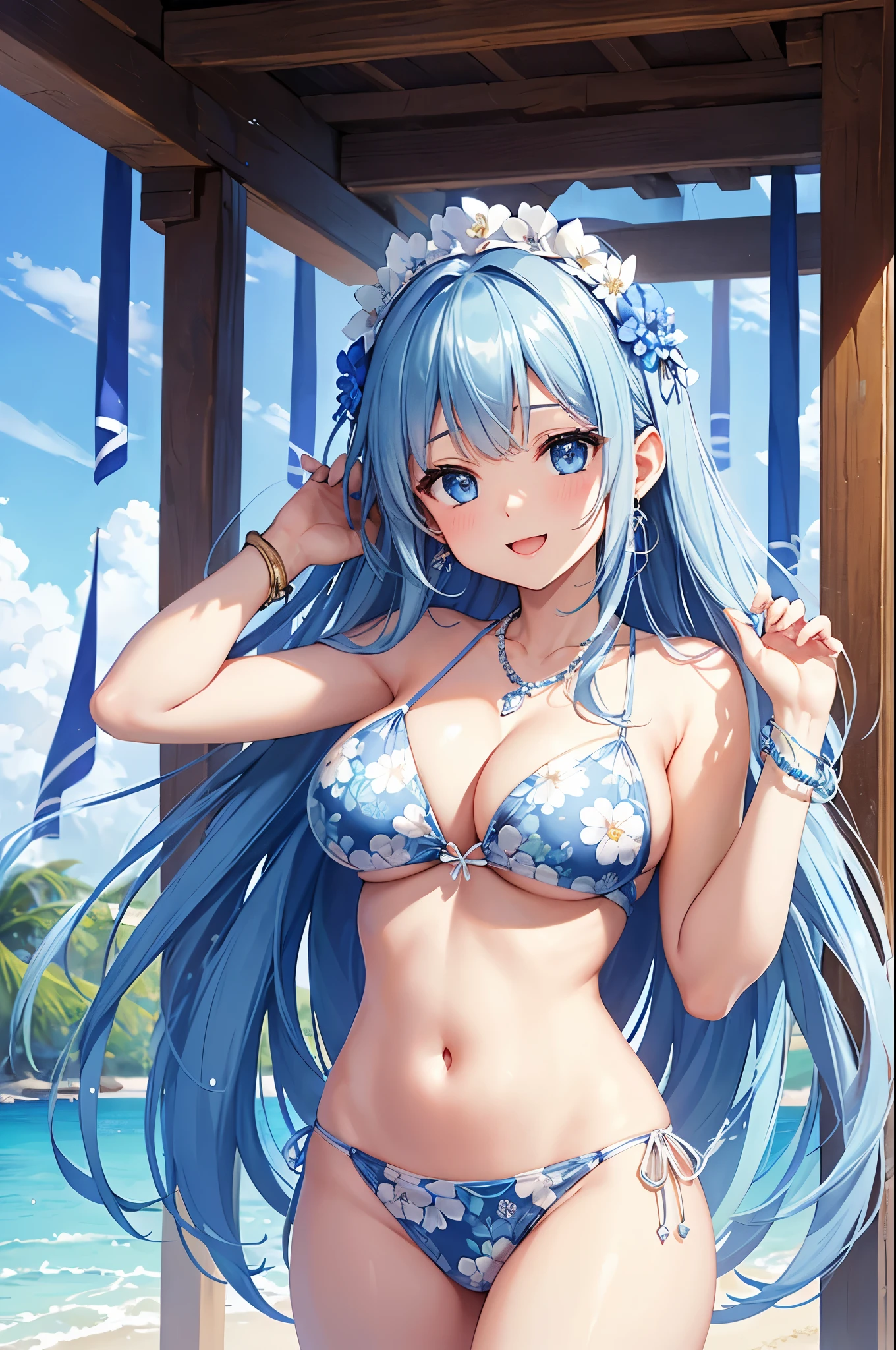 highest quality、highest quality、masterpiece、Beauty、Navy blue long hair、blue eyes、Sexy white bikini(Floral pattern printed)、Big cleavage、(Big Breasts),smile、blue necklace、Blue Earrings、background(Beach)、Please open your mouth wide、White headband、bracelet、Raise your arms and show your elbows、Place your hands behind your head.