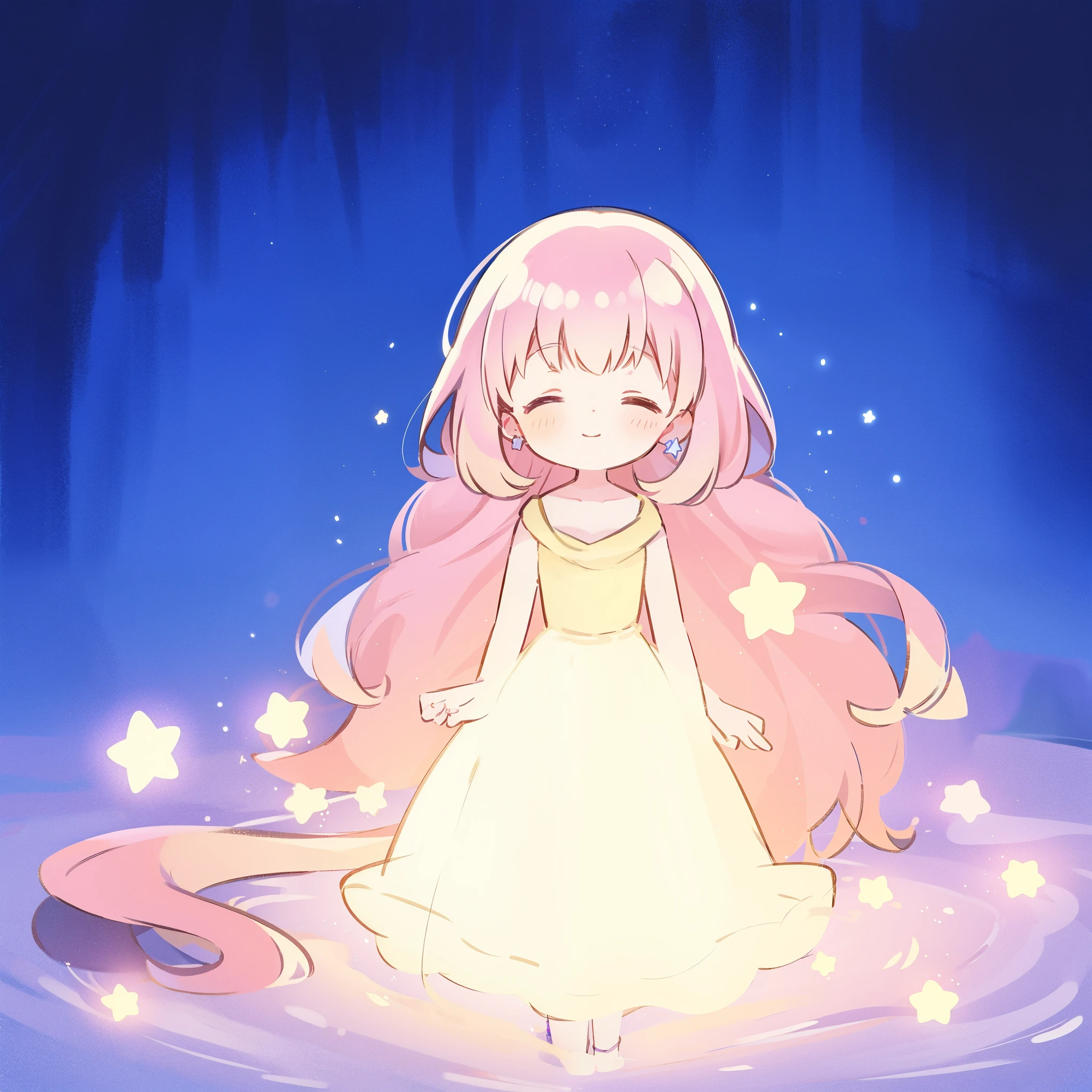 complex background, wishing star background, a woman wearing an ethereal mystical pink translucent dress that reflects the stars, dreamy, peaceful, serene composition, glowing stars, glowing, complex drawing, highly detailed, ethereal, starry night, midjourney style