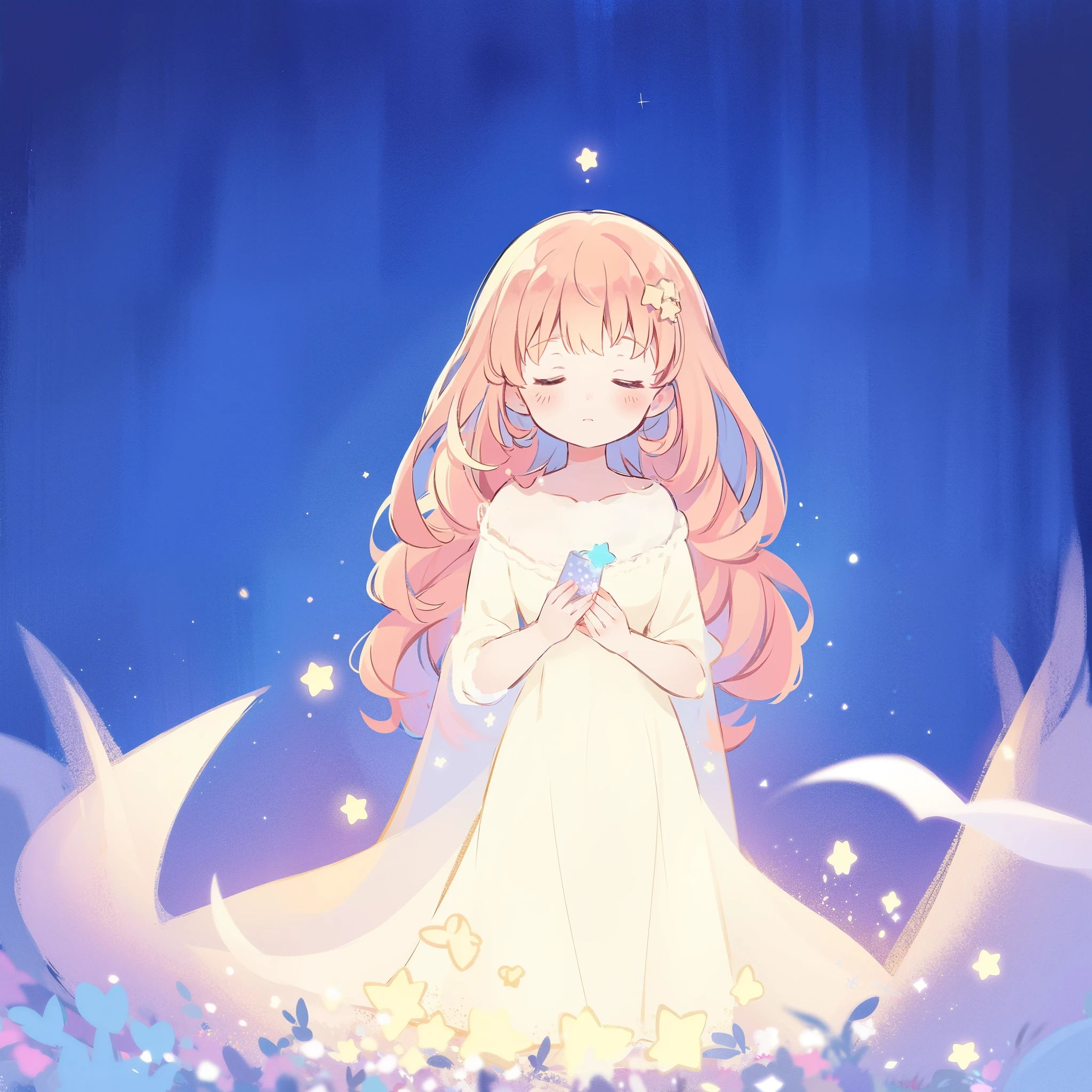 complex background, wishing star background, a woman wearing an ethereal mystical pink translucent dress that reflects the stars, dreamy, peaceful, serene composition, glowing stars, glowing, complex drawing, highly detailed, ethereal, starry night, midjourney style