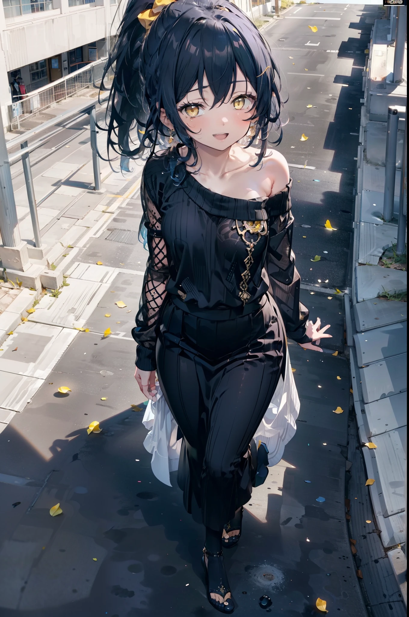Kamisonoda, Umi Sonoda, Long Hair, ponytail,Blue Hair, (Yellow Eyes:1.5) (Flat Chest:1.2),happy smile, smile, Open your mouth,One-shoulder sweater,Long skirt,Black pantyhose,Stiletto heels,Daytime,Clear skies,walking,
break looking at viewer,whole body,
break outdoors,School,school gate,
break (masterpiece:1.2), highest quality, High resolution, unity 8k wallpaper, (figure:0.8), (Beautiful fine details:1.6), Highly detailed face, Perfect lighting, Highly detailed CG, (Perfect hands, Perfect Anatomy),