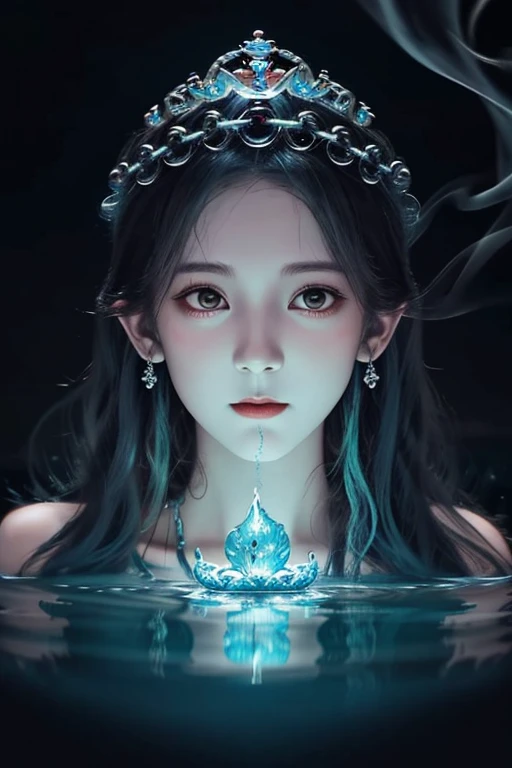 a close up of a person floating in a body of water with a smoke coming out of his mouth, floating crown, closeup fantasy with water magic, surreal water art, floating drowned, rob rey, water demon, artistic illustration, surreal concept art, emotional concept art, by Esao Andrews, holy flame crown spell, by Ludwik Konarzewski Jr