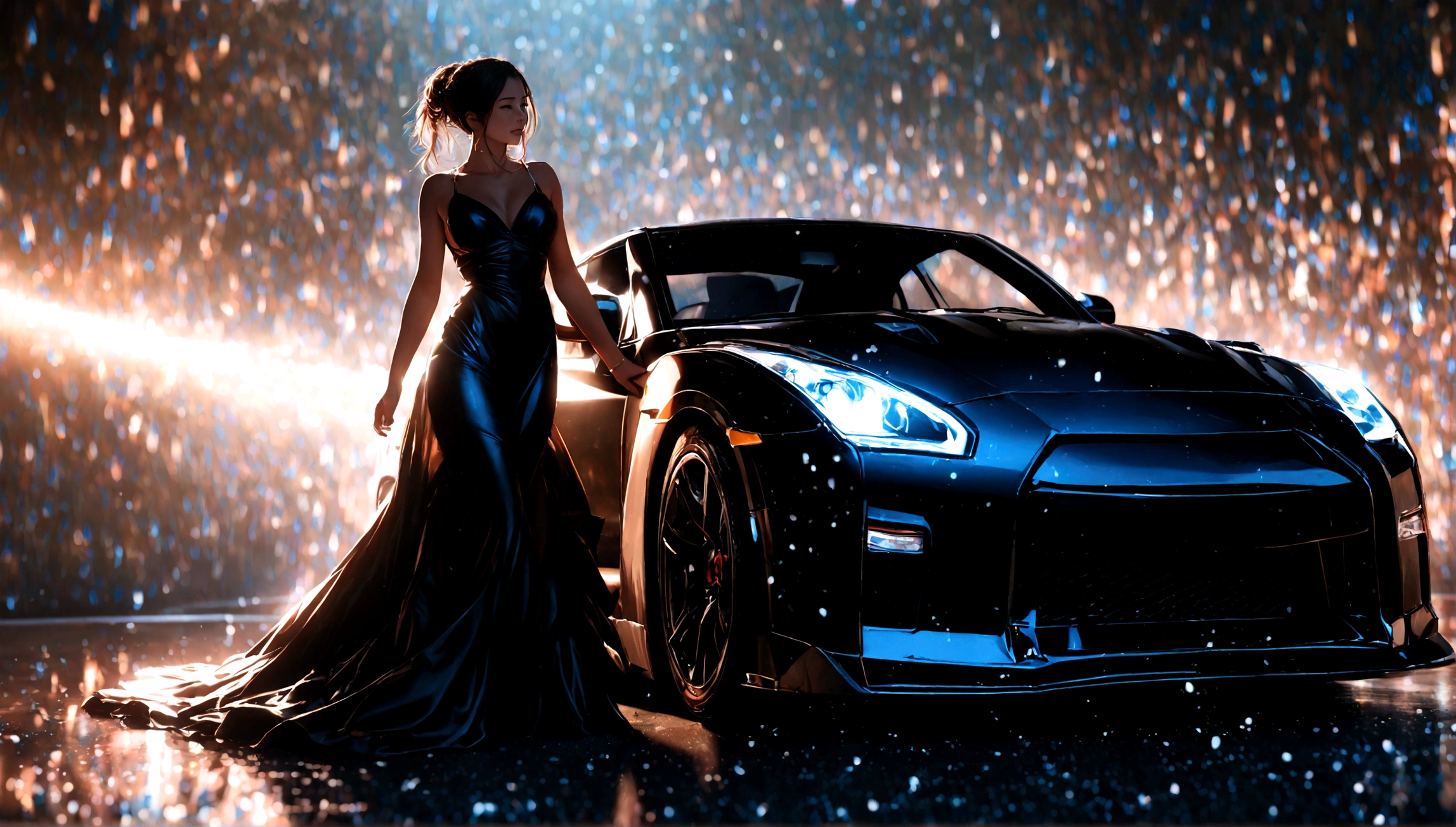 a nissan gtr,a beautiful woman in a tight black dress,elegant pose,dramatic lighting,cinematic atmosphere,highly detailed,photorealistic,chiaroscuro lighting,dramatic shadows,glossy car paint,flawless skin,flowing dress fabric,depth of field,award winning photography,8k,cinematic composition