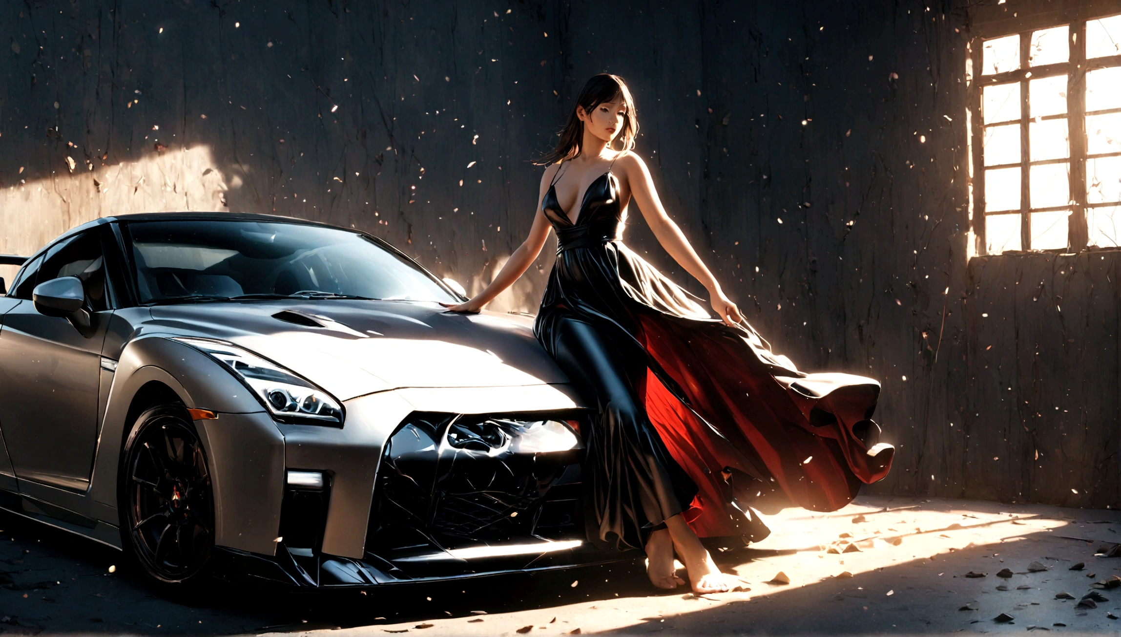a nissan gtr,a beautiful woman in a tight black dress,elegant pose,dramatic lighting,cinematic atmosphere,highly detailed,photorealistic,chiaroscuro lighting,dramatic shadows,glossy car paint,flawless skin,flowing dress fabric,depth of field,award winning photography,8k,cinematic composition