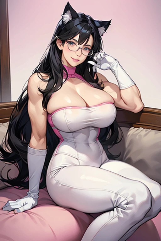 A black-haired, muscular, big-breasted mature woman with glasses and cat ears wearing a pink tube top, white leggings that expose her breasts, white boots, white gloves, and a gentle smile.