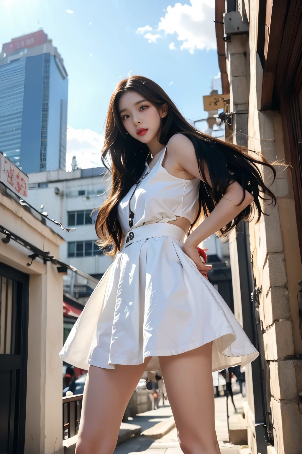 A Korean beauty standing in front of a crowded building in Hong Kong, Popular street fashion in Korea, Popular hairstyles in Korea, Posing in front of the camera, (from below:1.4), (masterpiece), perfect hands, 8K,