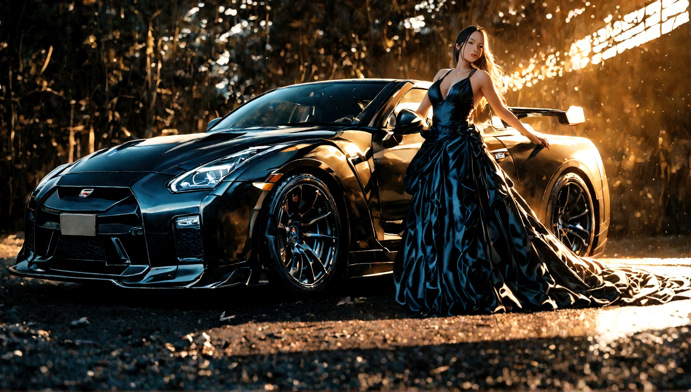 a nissan gtr,a beautiful woman in a tight black dress,elegant pose,dramatic lighting,cinematic atmosphere,highly detailed,photorealistic,chiaroscuro lighting,dramatic shadows,glossy car paint,flawless skin,flowing dress fabric,depth of field,award winning photography,8k,cinematic composition