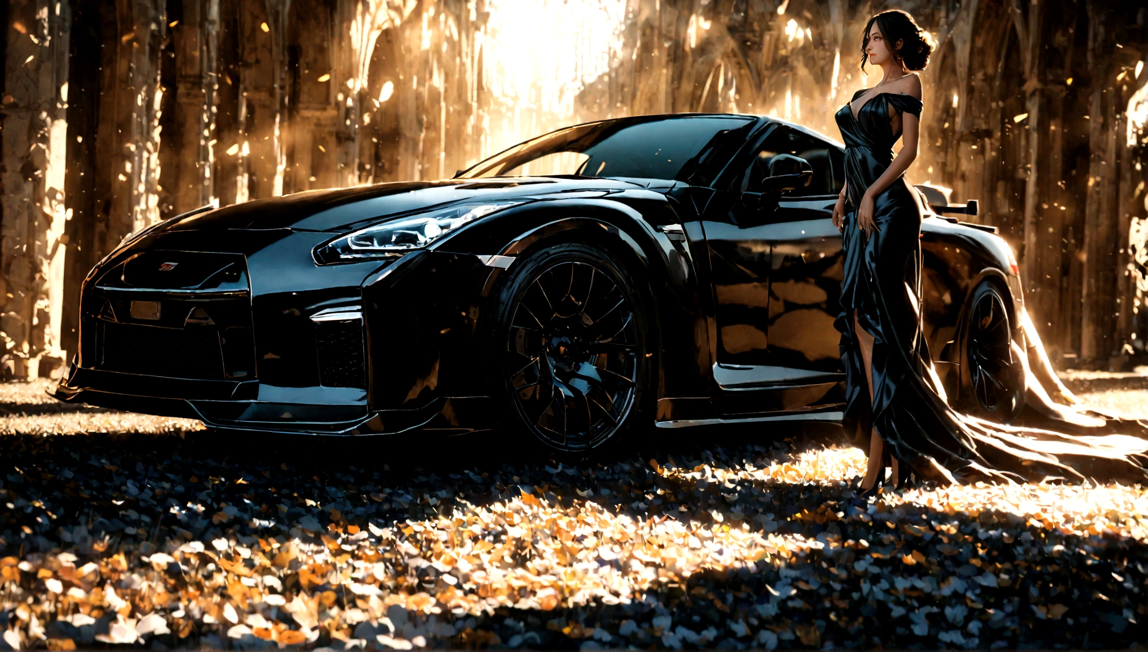 a nissan gtr,a beautiful woman in a tight black dress,elegant pose,dramatic lighting,cinematic atmosphere,highly detailed,photorealistic,chiaroscuro lighting,dramatic shadows,glossy car paint,flawless skin,flowing dress fabric,depth of field,award winning photography,8k,cinematic composition