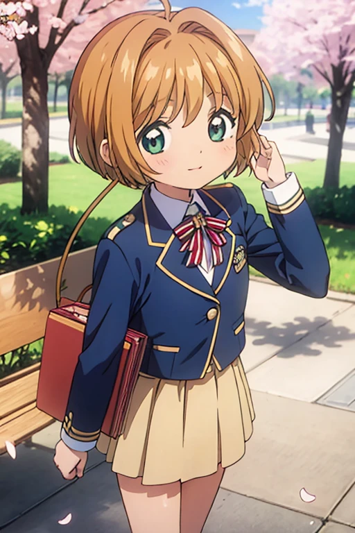 masterpiece, highest quality,High resolution,cute, anime, cute,Sakura Park,A boy wearing a uniform skirt, Age: 7 ,Are standing,Short Bob Hair,maroon brown hair,Dark colored uniform skirt,Putting on socks,Wear school-issued pumps,Happy expression,Soft atmosphere, Beautiful background,Looking into the camera,Cherry petals are scattered,Decorate with cherry blossoms,Navy blue blazer with white trim,Dark red tie with diagonal stripes,There is nothing above the head