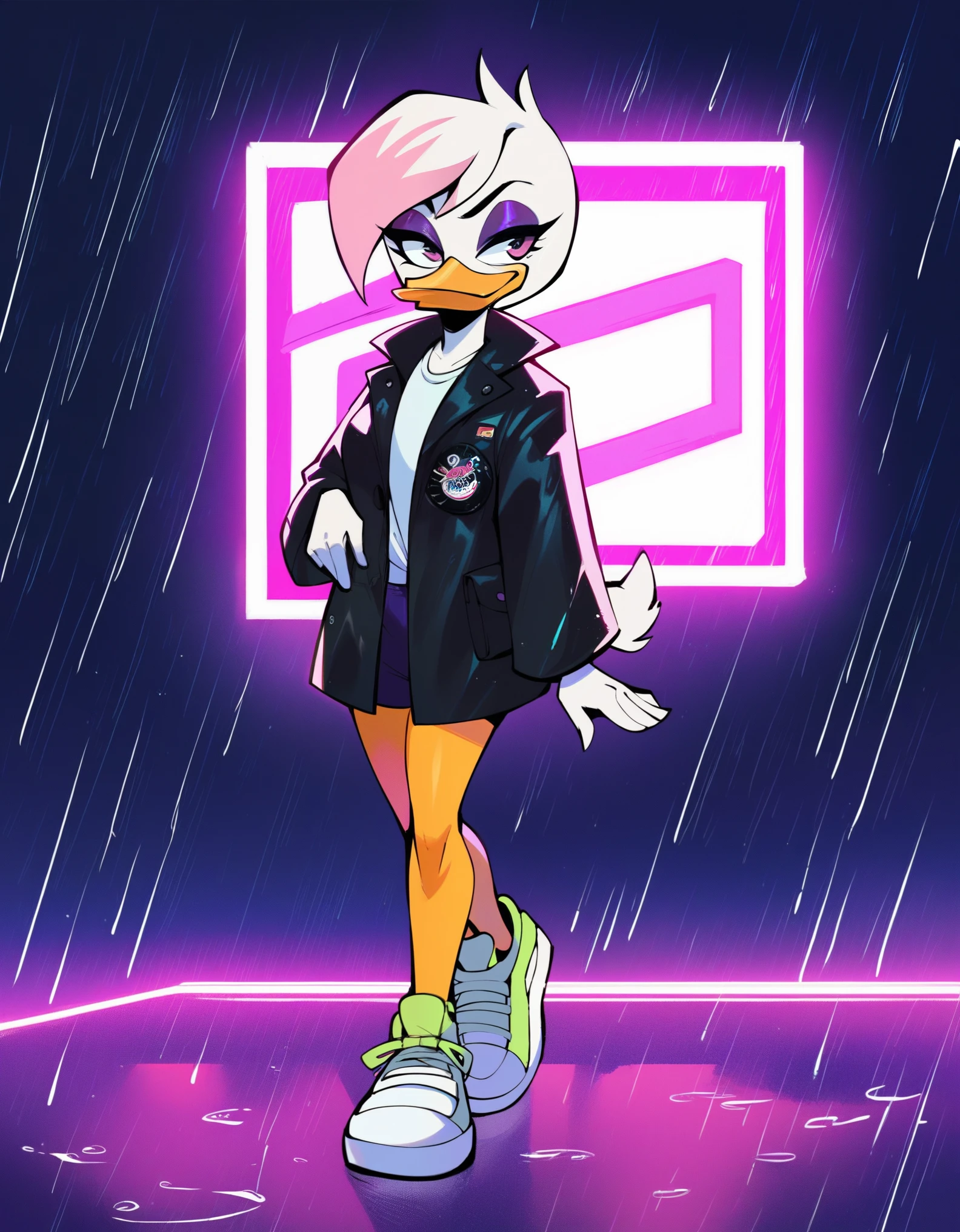 score_9, score_8_up, score_7_up, score_6_up,  source cartoon, 1girl, female, solo, duck, beak,  lena sabrewing, ducktales, duck, beak, scut tail, white skin, white hair, pink highlights, short hair, eyeliner, purple eyeshadow, pink eyeshadow, orange legs, sneakers,purple sunglasses, plastic trench coat, bottomless, sexy, purple visor,  serious, walking awat, long alleys, raining, noir film, cyber punk, neon lights,  43stl1ght1ng,  low light, darkness, dramatic lighting, eye lighting, black room:1.2, smoke,  ZPDXL