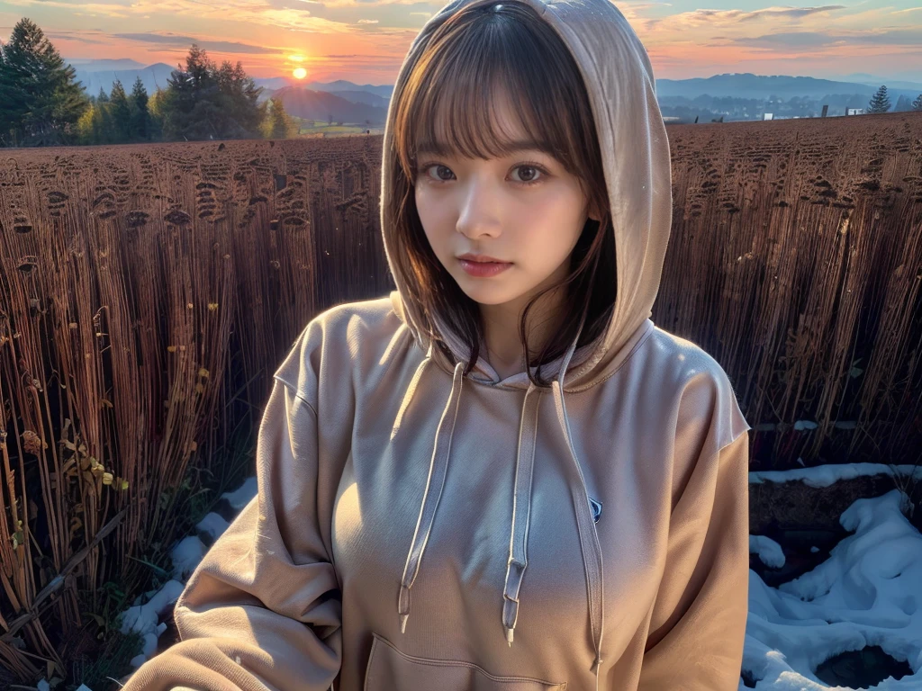 ((top-quality、8K、masterpiece:1.3))、1girl in、Beautiful woman standing on snowy mountain:1.3、(brown long-haired、Colossal tits:1.4)、(Big Silhouette M51 Field Hoodie:1.5)、Super delicate face、Delicat eyes、double eyelid、Close-up of upper body from below、Sunset、(2girls)