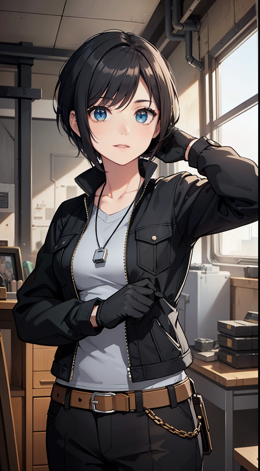 (high-quality, breathtaking),(expressive eyes, perfect face) Symmetrical Eyes, portrait, Star Wars Universe, 1girl, female, adult, mechanic, punk jacket, shirt, short sleeved, gloves, pants, belt, wrench, crystals, messy hair, black hair color, brown eye color, short hair length, stylized hairstyle, pixie haircut, tall, technician outfit, engineer, sci fi workshop background, work bench, tools, mature, narrow eyes, dog tag necklaces, soft smile, age 25
