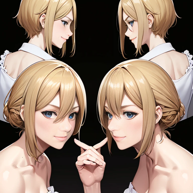 Japanese Anime style,(masterpiece, 8k, highest quality, Very detailed, One mature woman), (Consistent personality, same characters), (Blonde Hair, blue eyes), (Very detailed顔と肌の質感, fine grain), smile, Slender figure,Small breasts,Maid clothes, White Background, Exposing shoulders, 魅惑的なsmile, (Multiple Views, Multiple Angles), Side view, Front view, look up, Looking down, Rear View, 20-degree head view