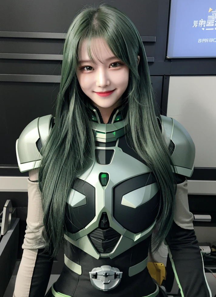 Armoured girl, realistic, long hair, lite green black robotics, smile,