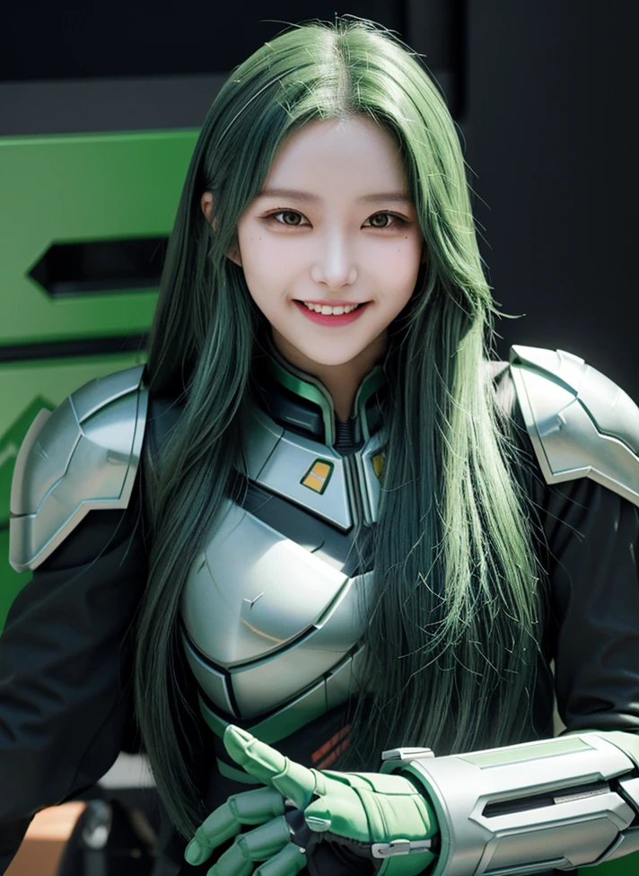 Armoured girl, realistic, long hair, lite green black robotics, smile,