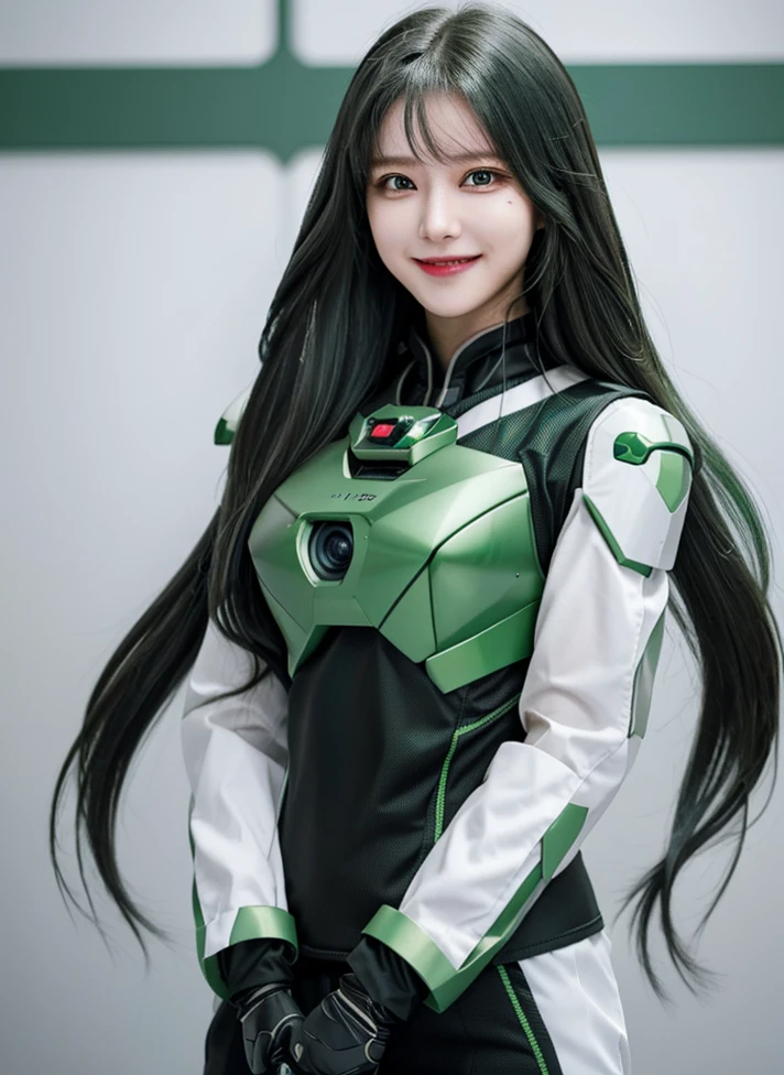 Armoured girl, realistic, long hair, lite green black robotics, smile,