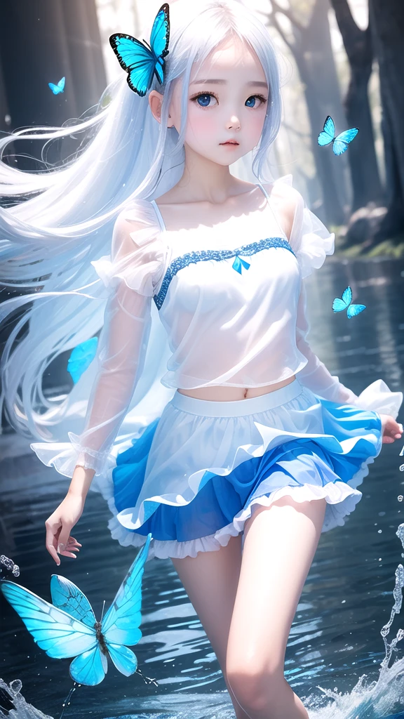 1 Girl, Transparent Water, Blue Butterfly, Pure White Gauze Skirt, Sparkling