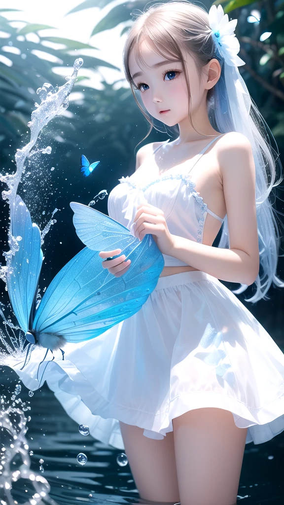 1 Girl, Transparent Water, Blue Butterfly, Pure White Gauze Skirt, Sparkling