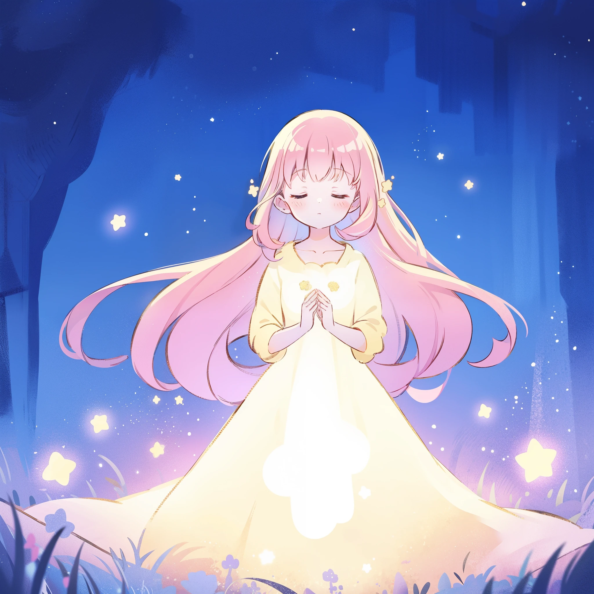 complex background, wishing star background, a woman wearing an ethereal mystical pink translucent dress that reflects the stars, dreamy, peaceful, serene composition, glowing stars, glowing, complex drawing, highly detailed, ethereal, starry night, midjourney style