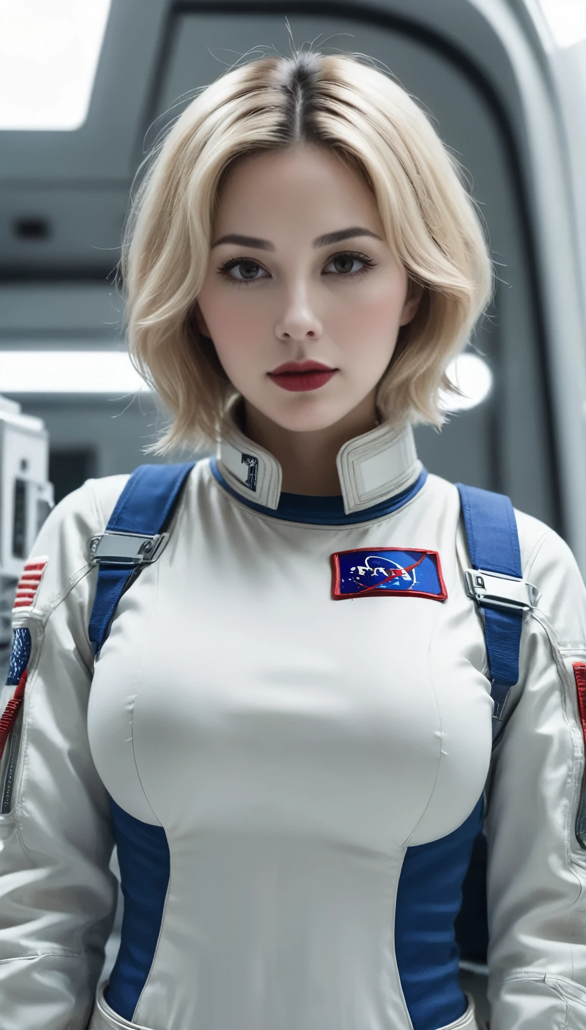 (((surreal woman)))、((Very beautiful 30 year old white woman))、(((Big big cleavage)))、(((woman astronaut)))、(((Big big cleavage)))、
short hair、blonde mature、Chubby body type、Beautiful expression、Beautiful brown eyes、Stay on a huge space station、Red lips、(((Please wear a space suit)))、(((alone)))、