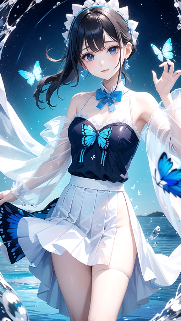 1 Girl, Transparent Water, Blue Butterfly, Pure White Gauze Skirt, Sparkling