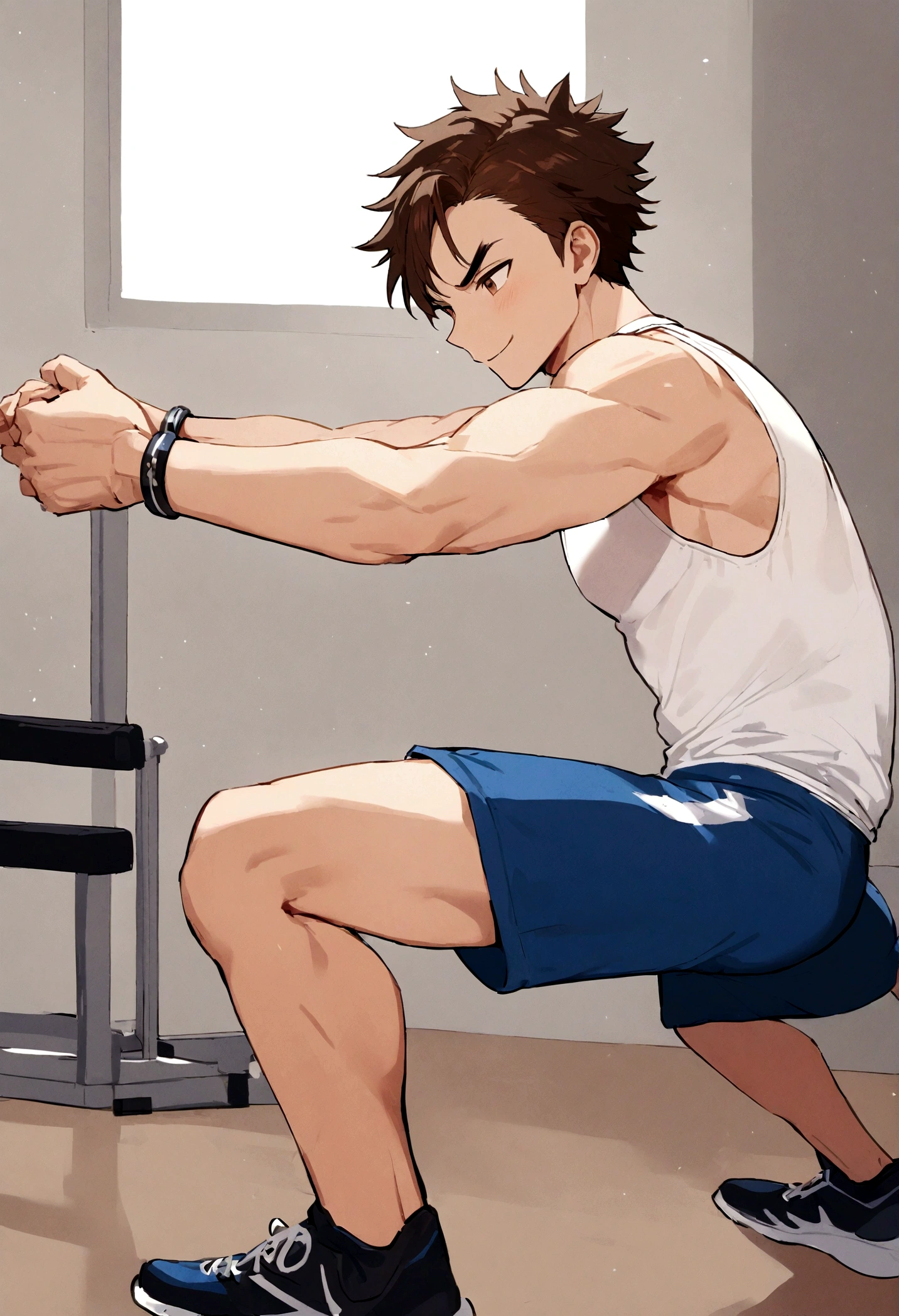 male with spiky brown hair, right Eyebrow slit, brown eyes, white tank top, blue pants, white sports bracelet, kind smile, exercising