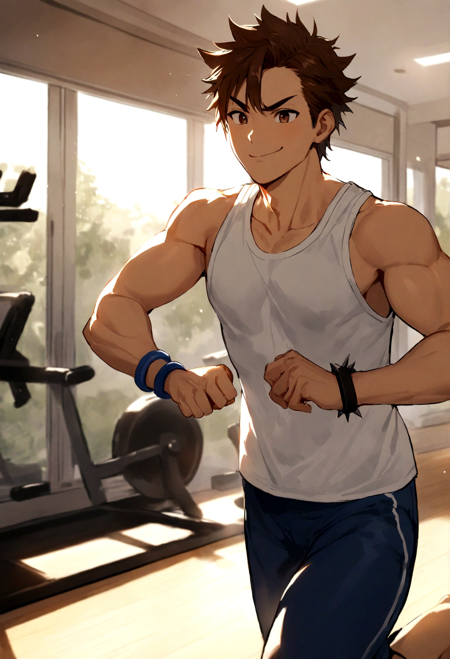 male with spiky brown hair, right Eyebrow slit, brown eyes, white tank top, blue pants, white sports bracelet, kind smile, exercising