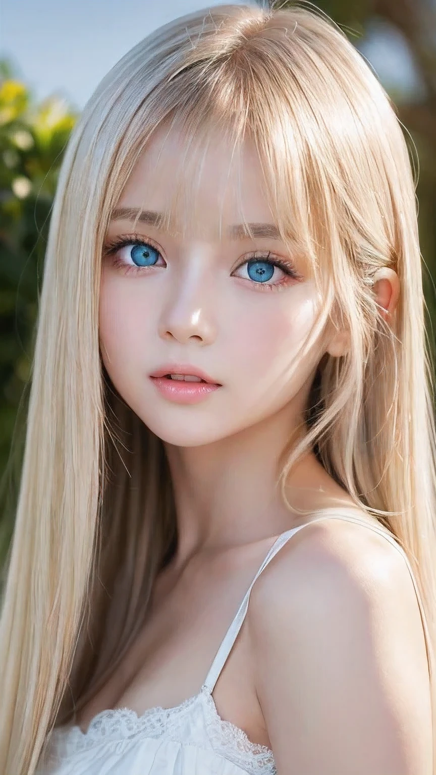 True Photo Quality、Extraordinary y beauty、Beautiful calm and bright expression、Sexefreshing look、Long bangs that fall on a perfect beautiful cute face、Super long platinum blonde straight silky hair、blonde on a beautiful face、Very cute beautiful sexy yg little woman、Very perfect beautiful cute face、Beautiful bright sky blue eyes、Very big eyes、Hair above the eyes、片Hair above the eyes、Hair between the eyes、Very radiant white skin、Cheek gloss