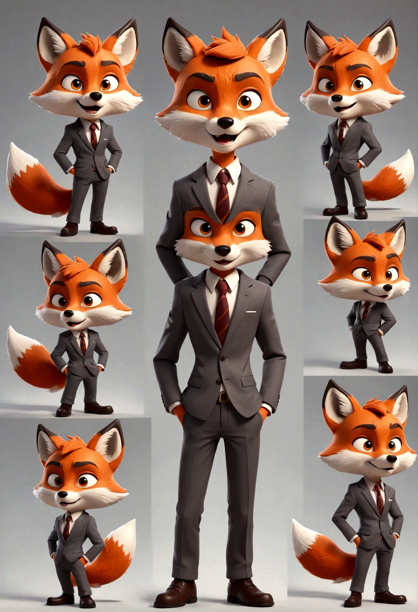 gray boy cartoon fox character, multiple poses and expressions, 4 poses, cool face, full body, simple, artist, full color, 3d model, light and shadow, suit clothes, boss, flat color, white background