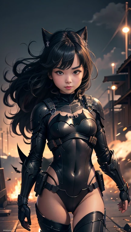 (8k),(masterpiece),(Japanese),(8-year-old girl),((innocent look)),((Childish)),From the front and above,smile,cute,Innocent,Kind eyes,flat chest, Slender,Hairless vagina,Batman costume,semi-long,Hair blowing in the wind,Black Hair,strong wind,night,big cinematic explosion 