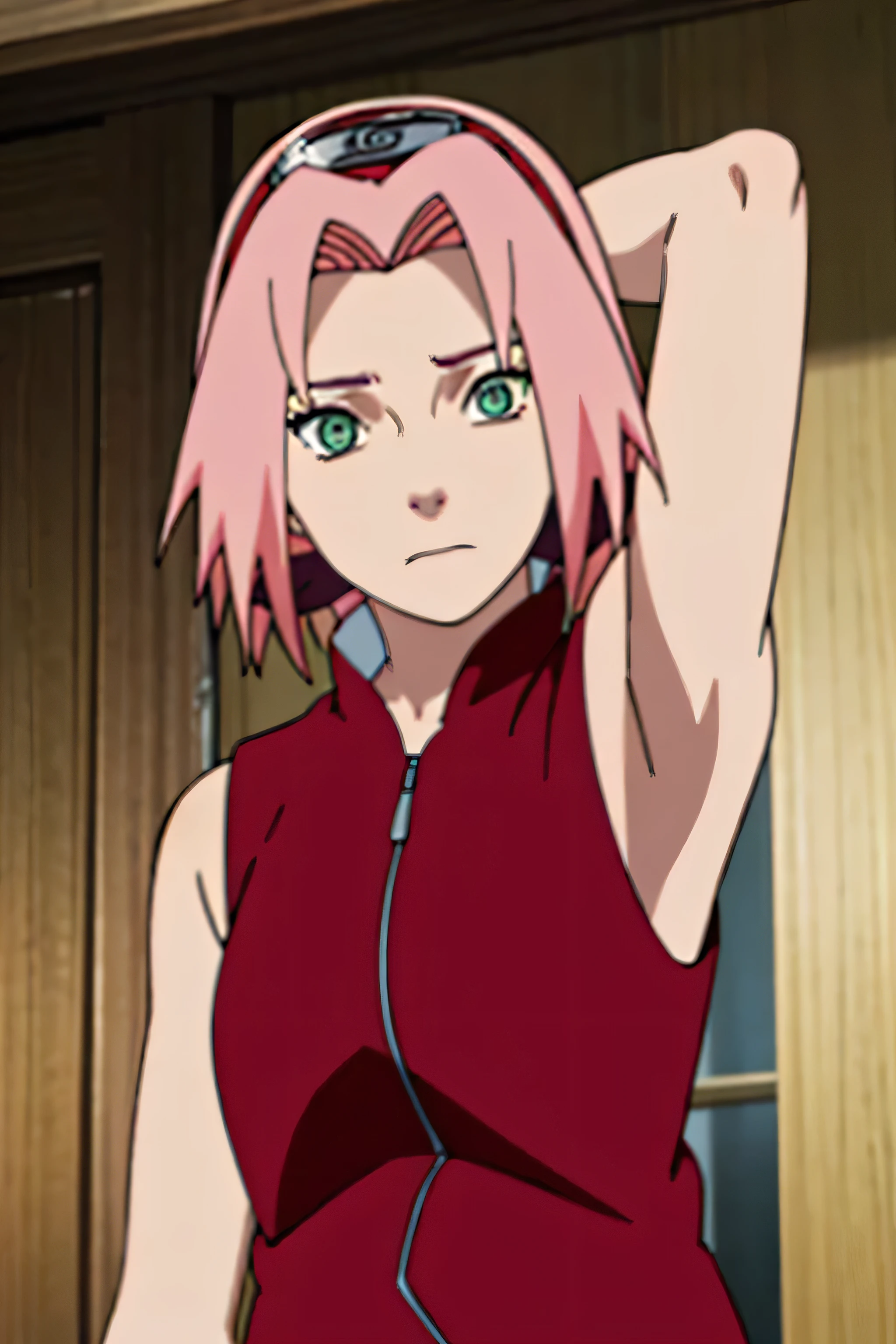 sakura haruno, sleeveless, red jacket, forehead protector, konohagakure symbol, arms behind head, armpits, showing armpits, posing, green eyes, perfect proportions, sakura shippuden