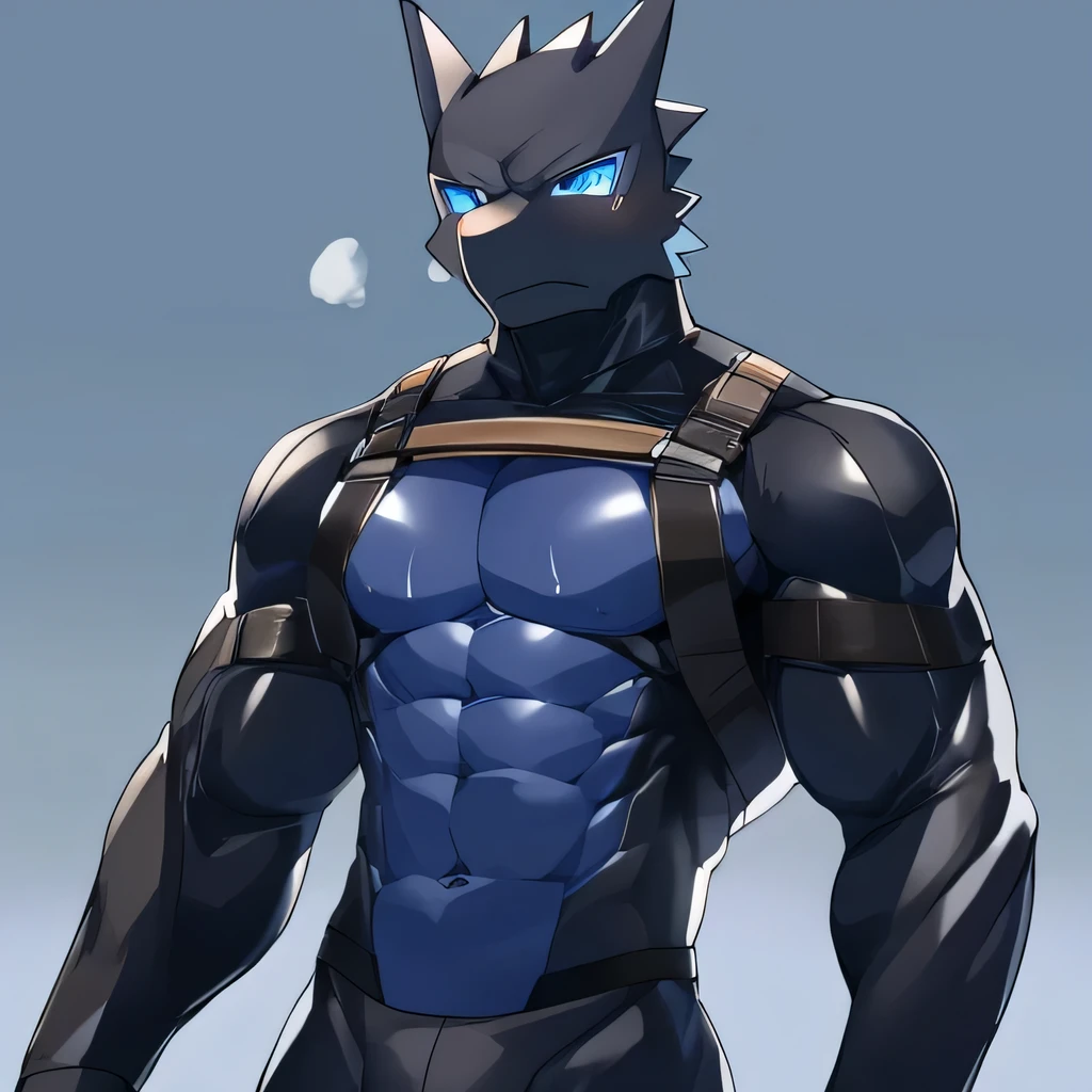 Thin macho　western black dragon　　abs　　　　　Hollow abs　　body suit　　thick arms　　　chest rig　　　、sweaty　　　skin glow　　profile　　Wearily　short of breath　　  　Chemo shota　　ゴーグル
have a 　blue eyes　Tired look　Glowing abs　Deep abdominals jacket