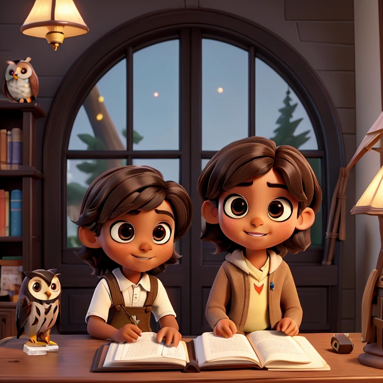 (Highest quality, masterpiece: 1,1), (owl, black eyes, bright smile), brown skin, short-haired boy with cute long-haired girl reading magic book, detail, 8K