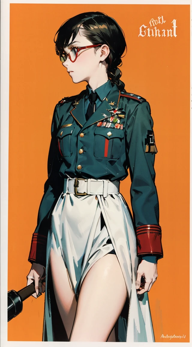Anime girl with a baseball bat and helmet, :14 Frankl + jet radio, :14 Frankl + Akira, Pilot Girl, flkl, mechanized valkyrie girl, Jet Set Radio Station, jet dial radio, Akira artstyle, Akira moto, Impressive and detailed art style, Kauchert Kents, portrait anime space cadet girl, headquarters, profile, orange background,((13 year old girl)), (((slim, thin waist, thin thighs, thin arms))) Modest outfit, remote shot, detailed beautiful delicate face, detailed beautiful delicate eyes, perfect facial proportions, high-definition skin, fine skin, four-inch best ratio. With one thumb, a masterpiece, highly detailed, realistic, (World War II German general uniform reference : 1.8), the highest face resolution, adult, modestly dressed woman, dressed entirely, ( small, black hair, black straight bangs, super fine braids, straight bangs, red glasses, dark green eyes), future, science fiction, fighter plane, standing On the landing of a fighter plane, the government agency, a deep intelligent personality, a calm expression, a respectful face, a war, a fighter plane (La mejor calidad:1.1), (Obra maestra:1.4), (absurdos:1.0), retrato, primer plano,1girl, Marinero Urano, KizukiAi, Mujer madura, small breasts, aqua eyes, cabello rubio, Uniforme Sailor Senshi, Collar de marinero, arco de pecho, Arco trasero, Falda suplicante, Guantes blancos de codo, Acostado boca abajo, en el suelo, con el trasero en alto, mostrando el culo de espaldas, without looking back
