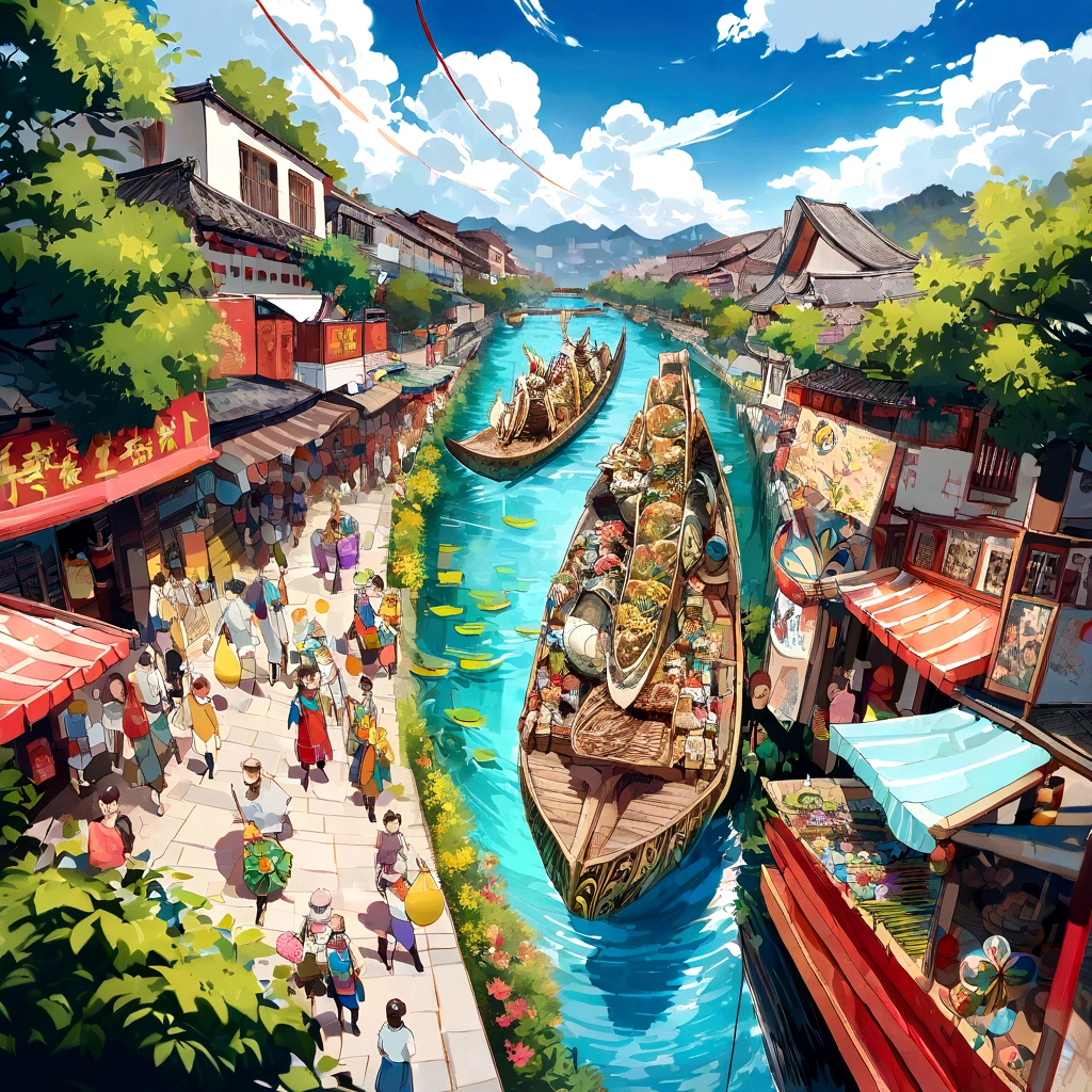 poster design, (SFW), Dragon Boat Festival,dragon boat race, Spring Outing, Happy, In the background is a small river flowing through the streets of China, Perfect quality, Stay focused, Colorful, Perfect face, Intricate details, Ultra-low viewing angle, Wide-angle lens