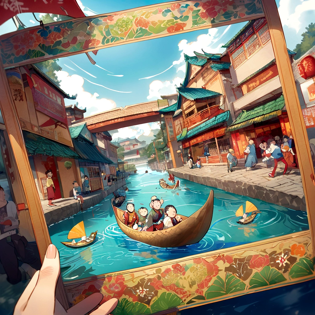 poster design, (SFW), Dragon Boat Festival，dragon boat race, Spring Outing, Happy, In the background is a small river flowing through the streets of China, Perfect quality, Stay focused, Colorful, Perfect face, Intricate details, Ultra-low viewing angle, Wide-angle lens