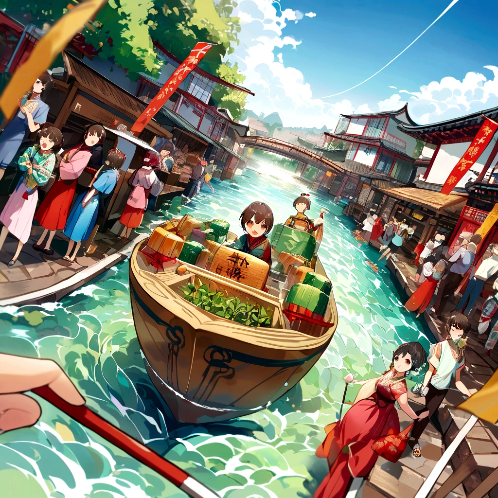poster design, (SFW), Dragon Boat Festival，dragon boat race, Spring Outing, Happy, In the background is a small river flowing through the streets of China, Perfect quality, Stay focused, Colorful, Perfect face, Intricate details, Ultra-low viewing angle, Wide-angle lens