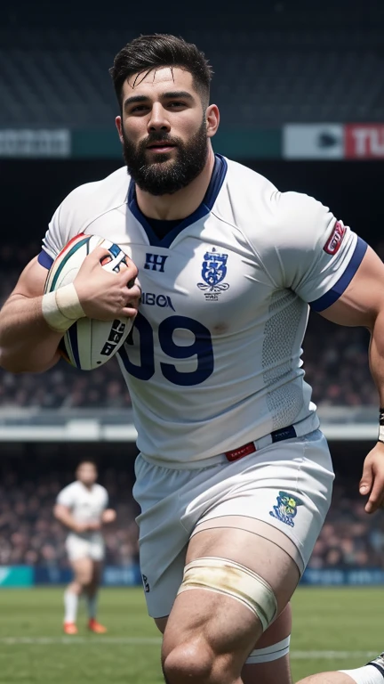 1 pale man rugby player ,Full body, rugby player, sport white pants, vpl bulge, rugby esportive dirty uniform, Black hair fade , captivating alluring large eyes, beard European 30yo man closed smile, (High shadow detail), wearing team rugby uniform, muscular chest, ,slim waist, long legs, left neck look, neck tribal tattoo, large mouth, Wide shoulders, nice detailed hands, field rugby bokeh background, colorful vivid colors.