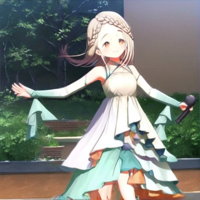 idol clothes, shinosawa_hiro, 1girl, bare shoulders, braid, braided bangs, detached sleeves, dress, jewelry, skirt, smile, solo