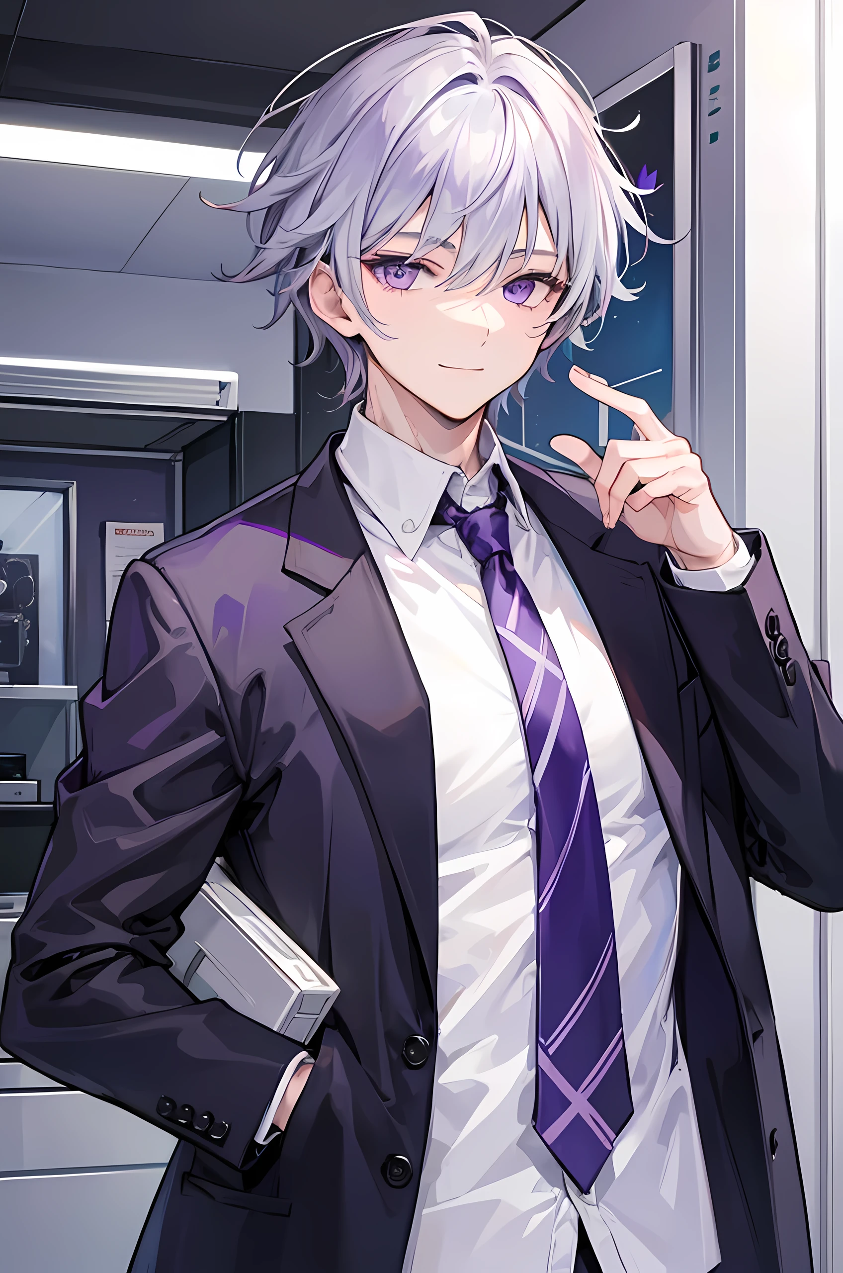 Young man, grey hair, purple eyes, smile face, modern style, handsome man, cool boy, bad boy, mengejek