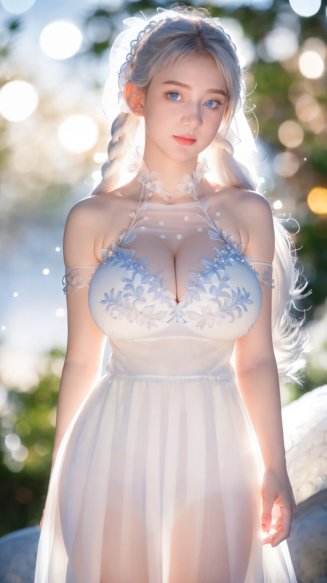 Georgeous, Beautiful, Cute, , 18 Years Old, Whitkin, Cleavage, ((Large Colossal Breast:1.5)), Sleeveless, Off Shoulder, Strapless, ((Transparent:1.3)), ((White Long Lolita Dress)), (Embroidery), Posing, ((Silver Hair)), ((Bright Blue Eye)), ((Muscles:1.3)), ((Bokeh:1.3)), Animal Farmer Background, Masterpiece, Twintails